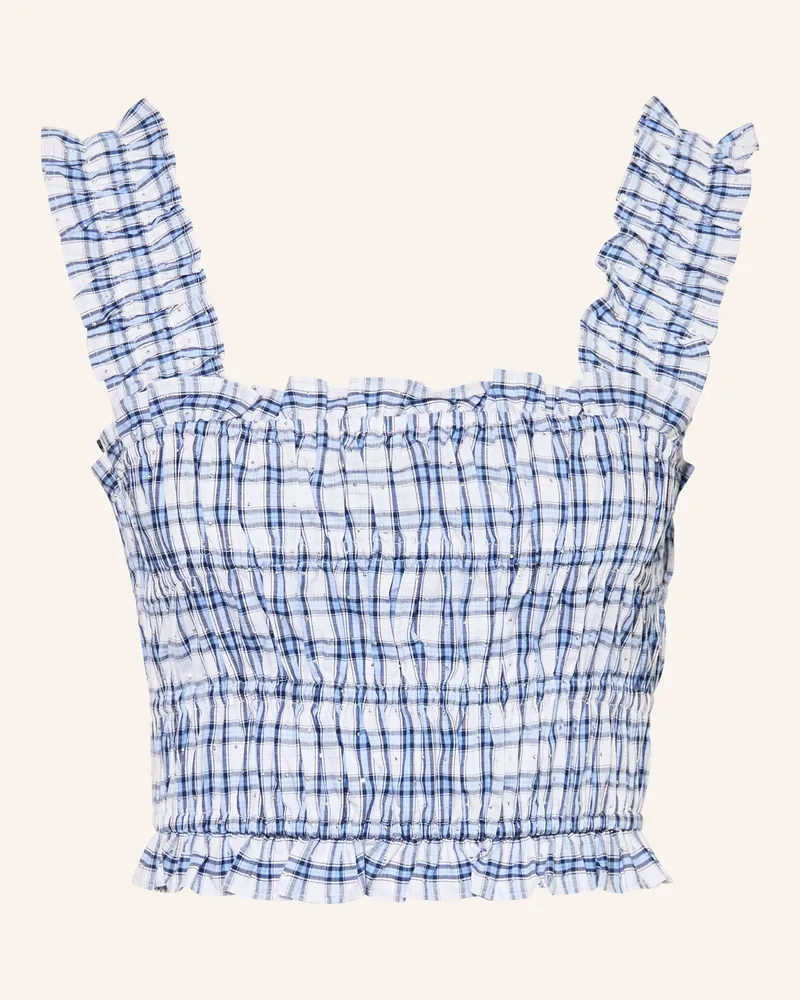 Maje Cropped-Top mit Schmucksteinen und Rüschen Hellblau