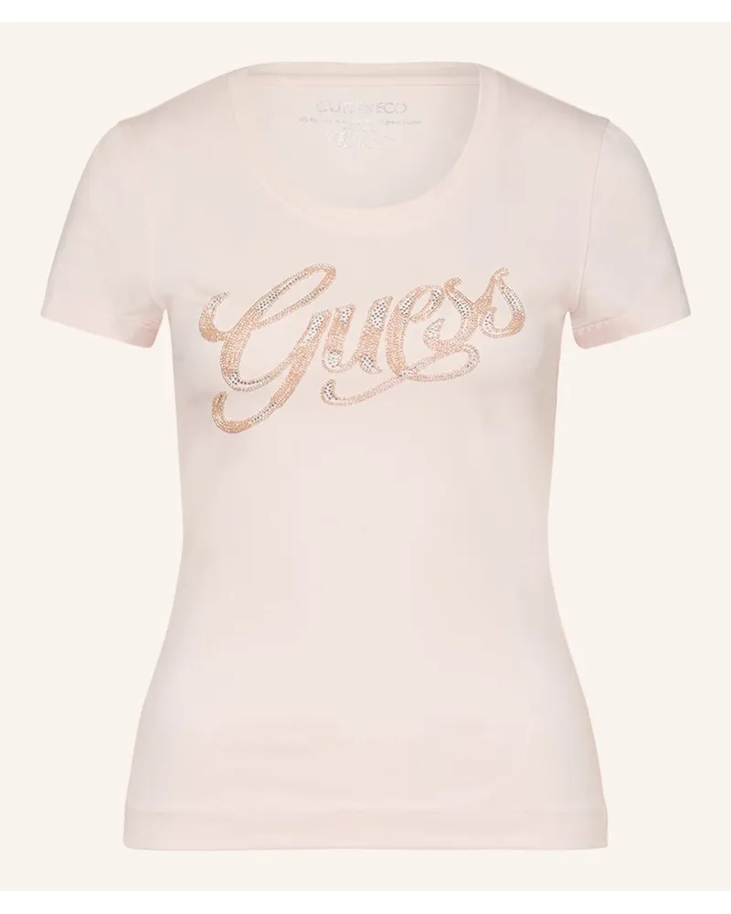 Guess T-Shirt SCRIPT mit Schmuckperlen Pink