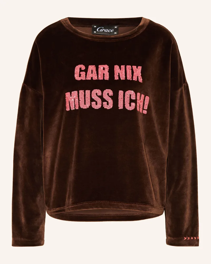 Grace Longsleeve Gar Nix Aus Nicki Mit Pailletten braun Dunkelbraun