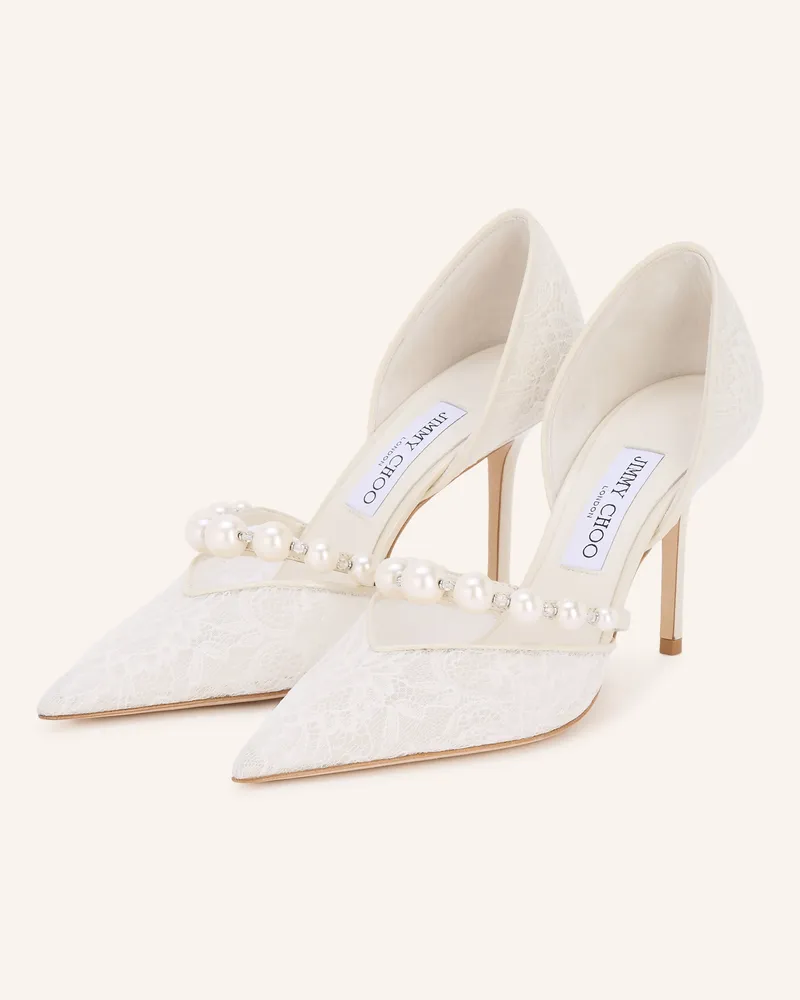 Jimmy Choo Pumps AURELIE 85 mit Schmuckperlen und Spitze Weiss
