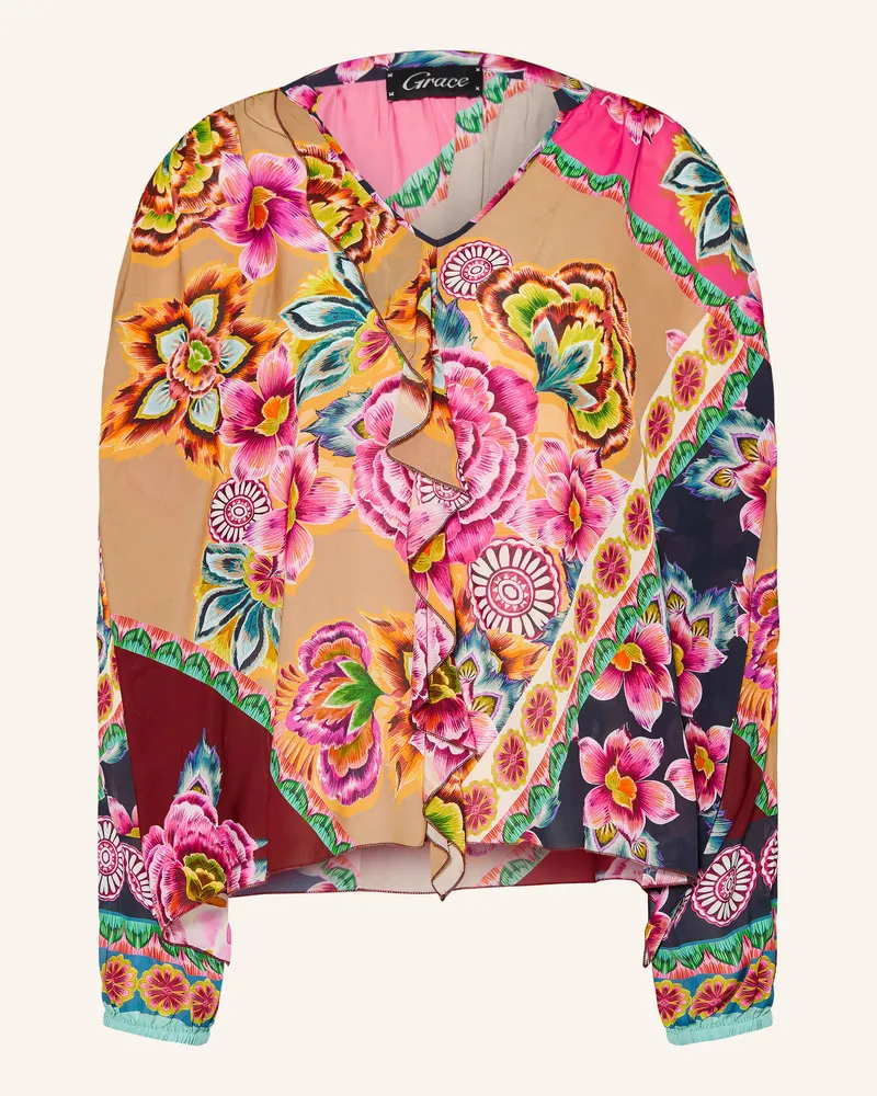 Grace Blusenshirt Flowers Mit Volants braun Beige