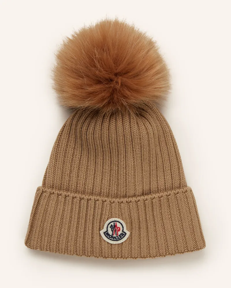 Moncler Mütze mit Kunstpelz-Bommel Hellbraun