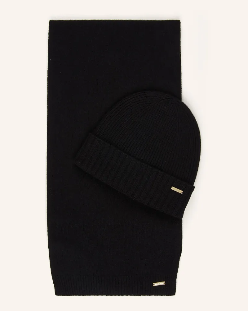 Woolrich Set: Schal und Mütze mit Geschenkbox Schwarz