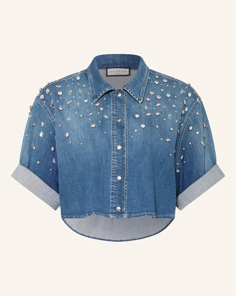 SEM PER LEI Cropped-Jeansbluse mit Schmucksteinen Blau