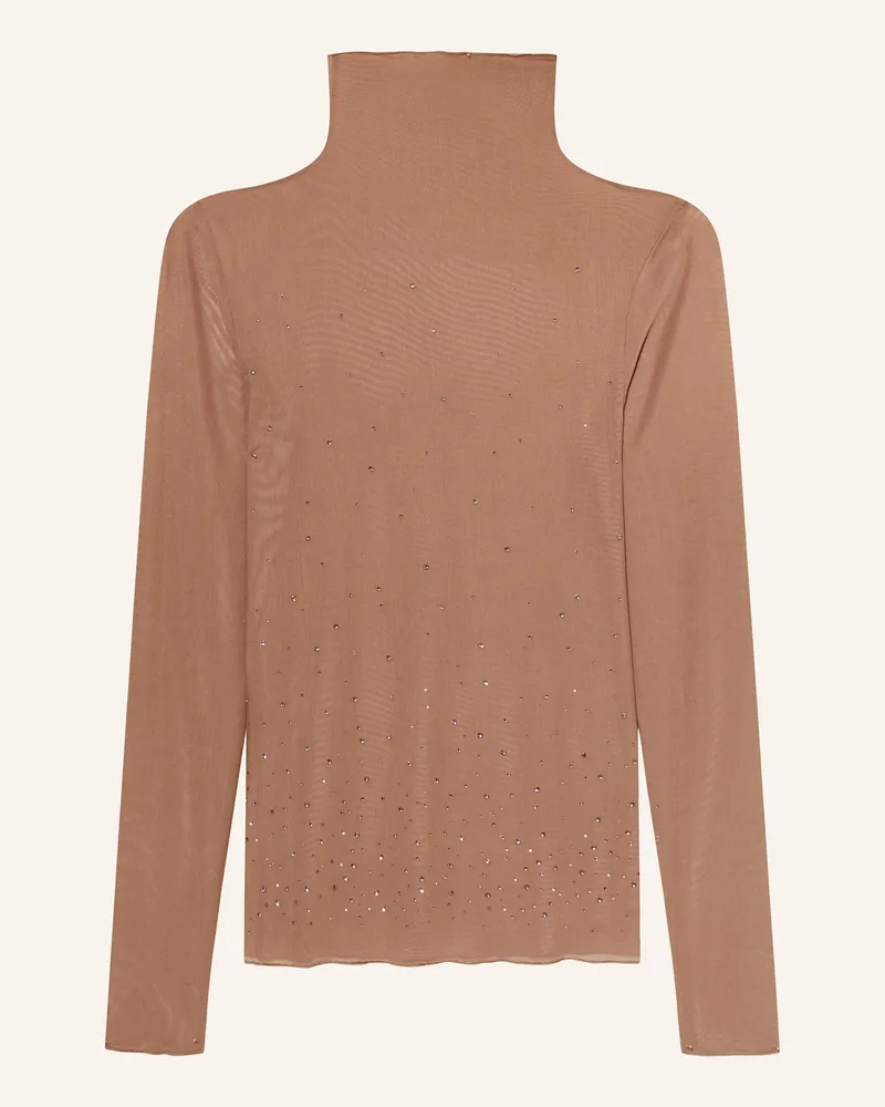 Luisa Cerano Longsleeve aus Mesh mit Schmucksteinen Beige