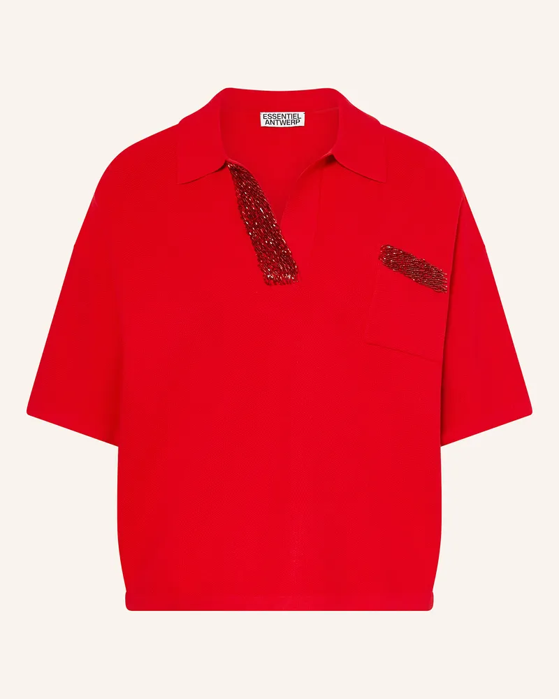 Essentiel Strick-Poloshirt INTERNATIONNAL mit Schmuckperlen Rot