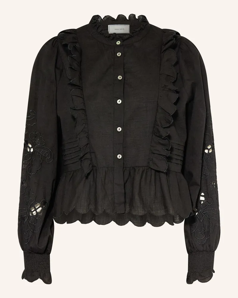 Neo Noir Bluse PETRINE mit Lochspitze und Rüschen Schwarz