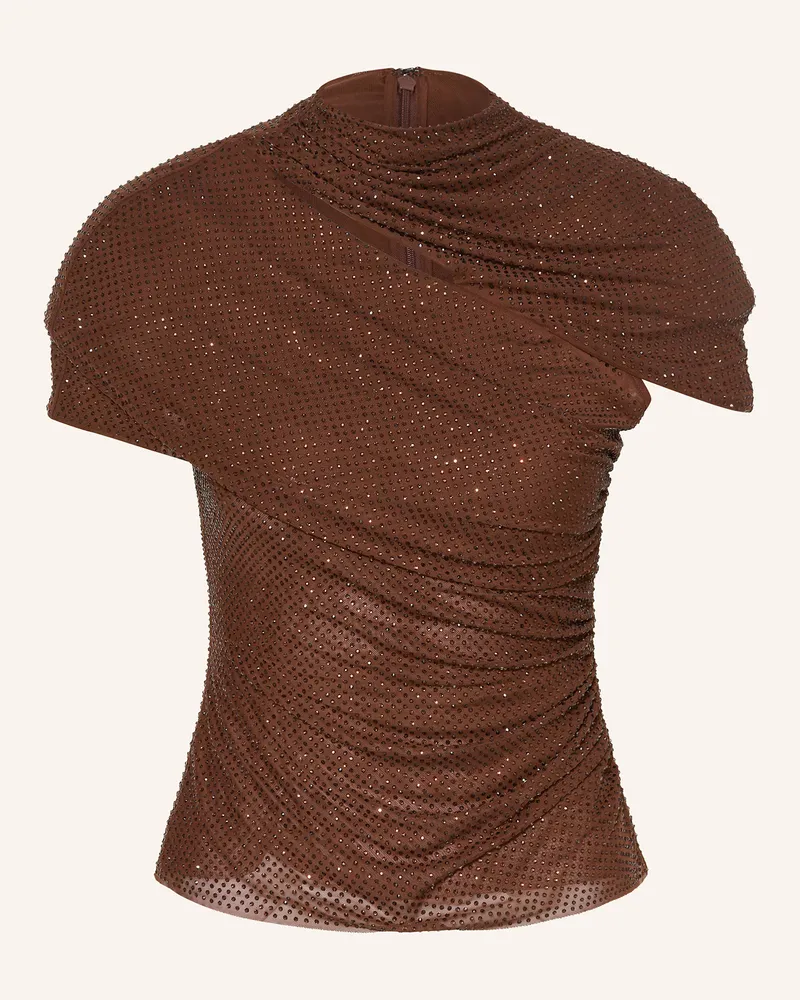 Self-Portrait Mesh-Top mit Schmucksteinen und Cut-out Braun