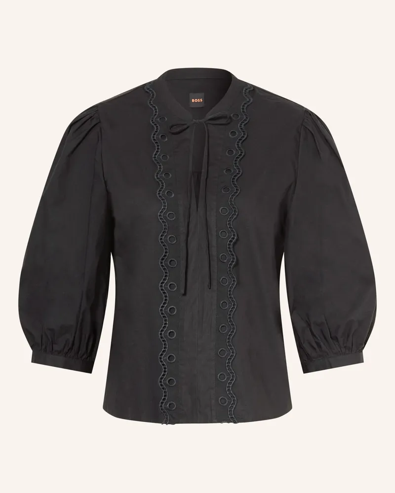 HUGO BOSS Blusenshirt BALET mit 3/4-Arm und Lochspitze Schwarz