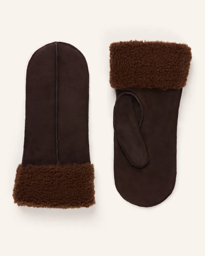 HUGO BOSS Lederfäustlinge Yosie Mit Teddyfell braun Dunkelbraun