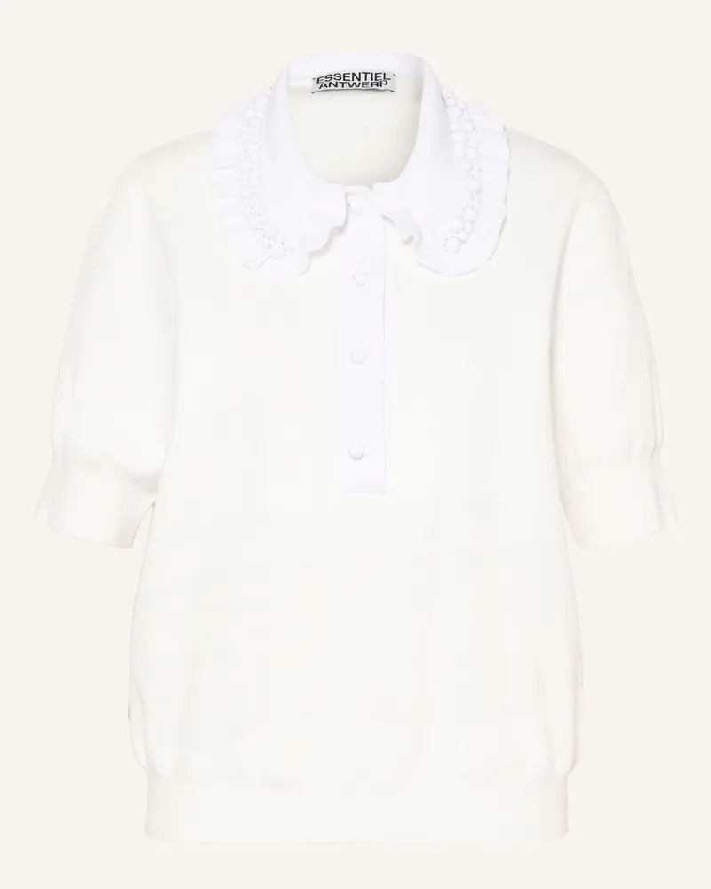 Essentiel Strick-Poloshirt JEWELRY mit Schmucksteinen und Rüschen Ecru