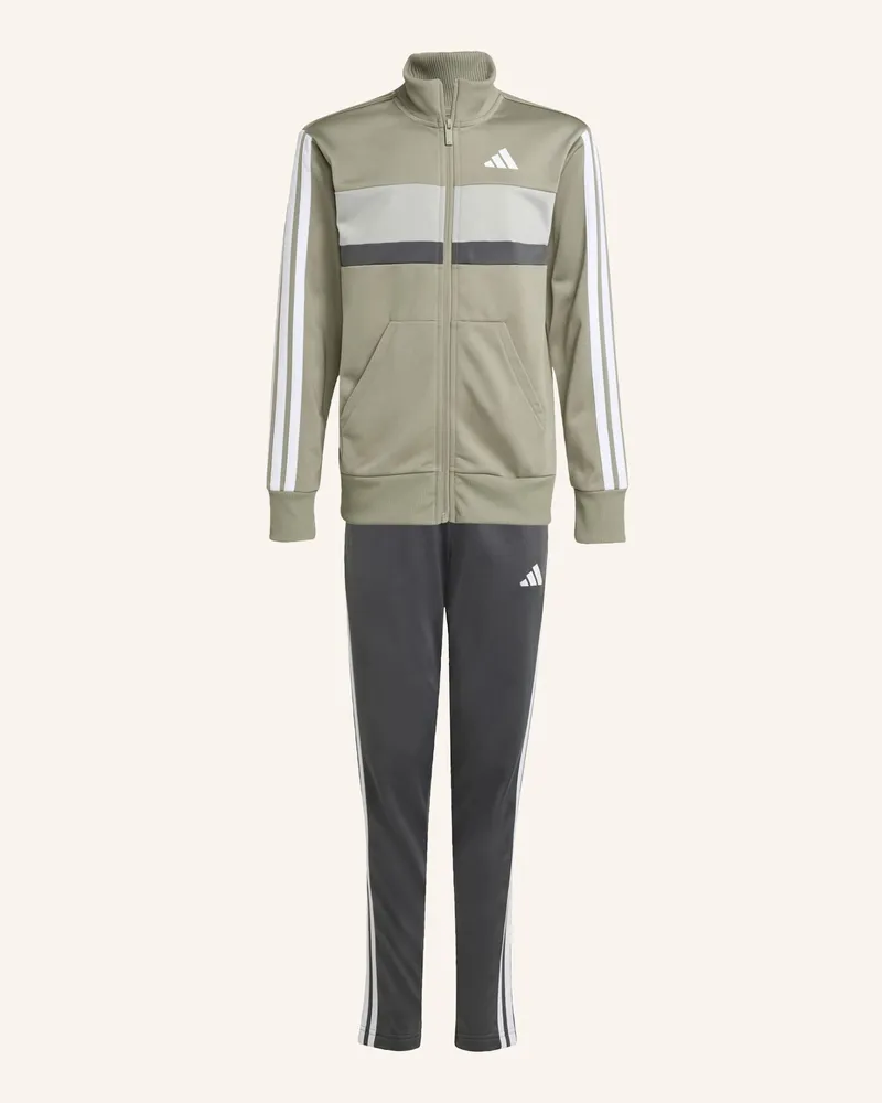 adidas Seasonal Essentials Tiberio 3-Streifen Tricot Kids Trainingsanzug gruen Silber