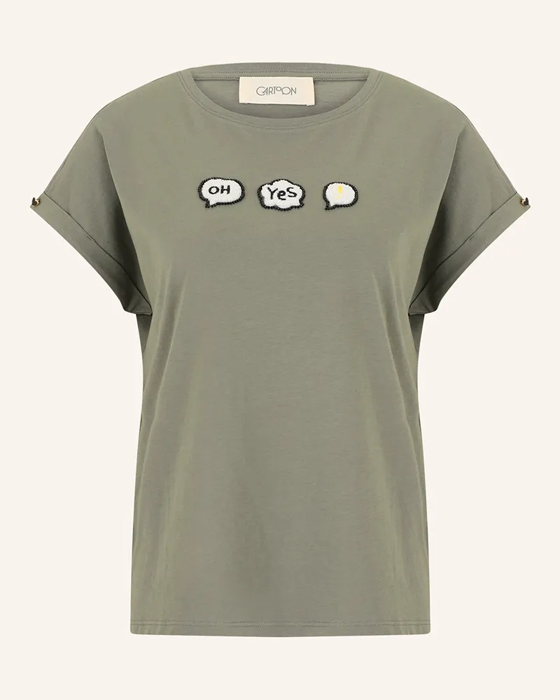 Cartoon T-Shirt mit Schmucksteinen Khaki