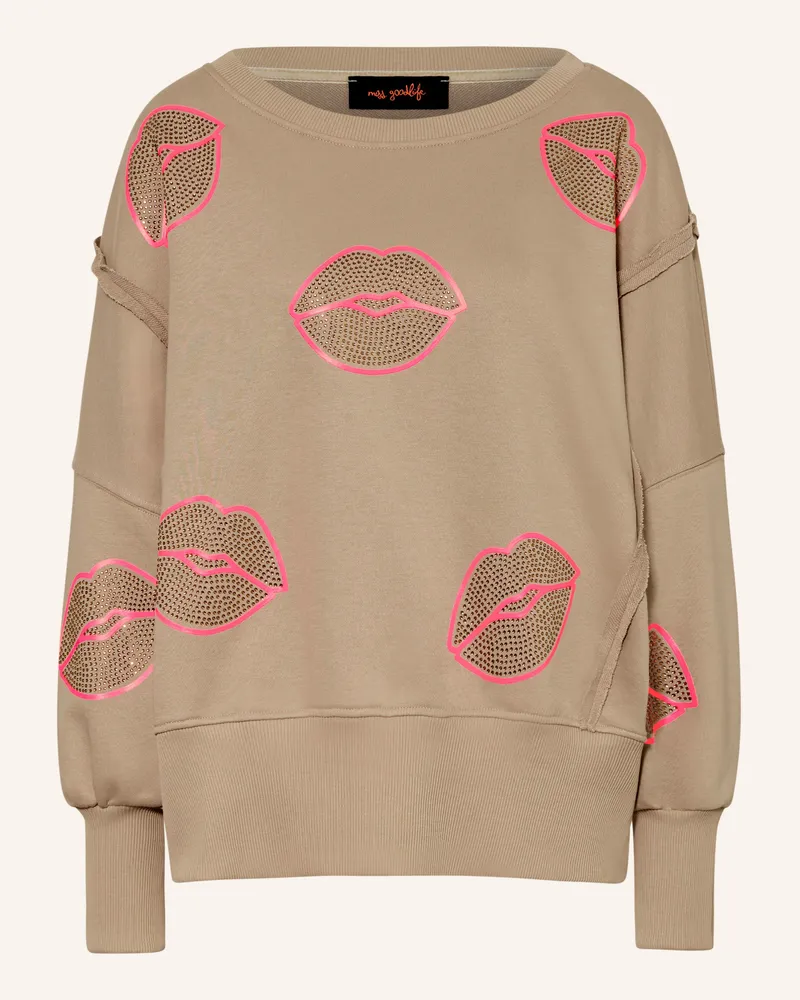 Miss Goodlife Oversized-Sweatshirt mit Schmucksteinen Beige