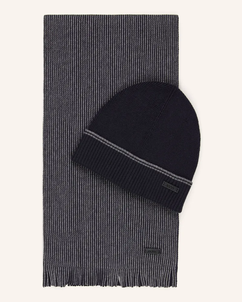 HUGO BOSS Set Fortuno: Mütze Und Schal blau Dunkelblau
