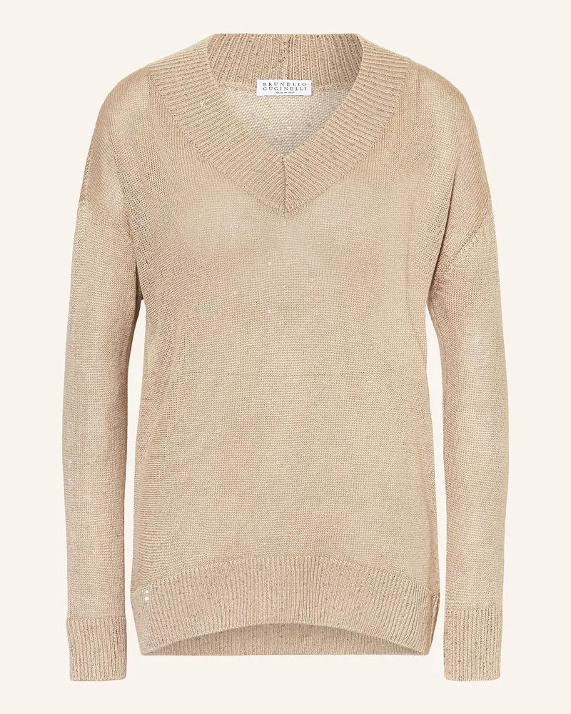 Brunello Cucinelli Leinenpullover mit Pailletten Hellbraun