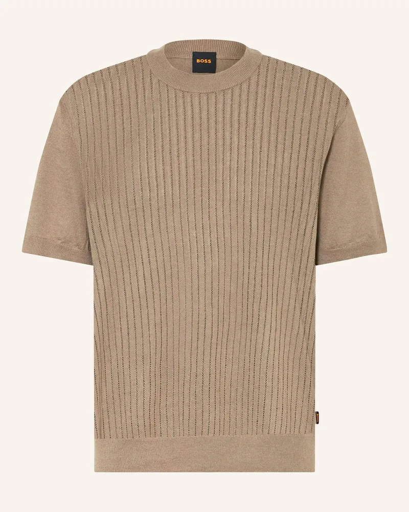 HUGO BOSS Strickshirt AJORDINO mit Leinen Hellbraun
