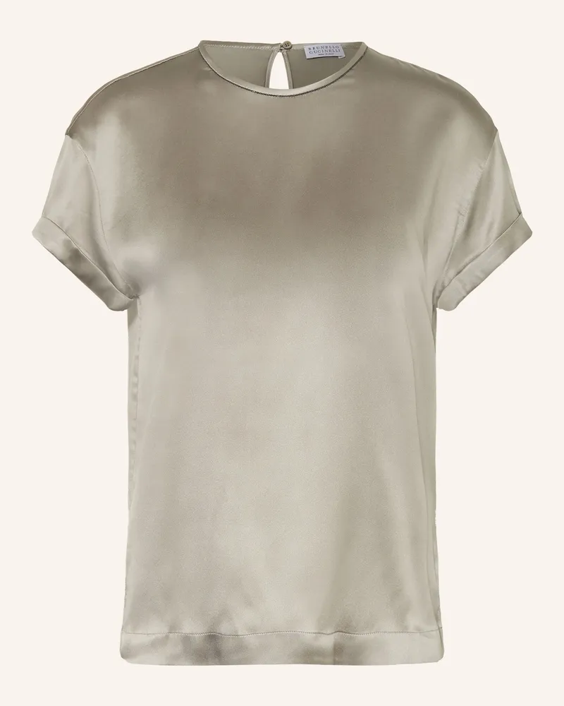 Brunello Cucinelli Blusenshirt aus Seide mit Schmucksteinen Platin