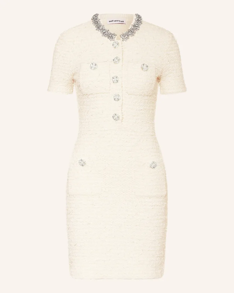 Self-Portrait Tweed-Kleid mit Schmucksteinen Creme