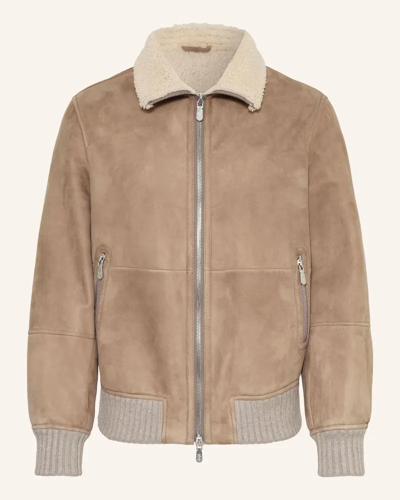 Brunello Cucinelli Lederblouson im Materialmix Camel