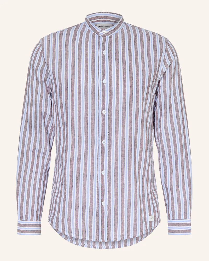 Nowadays Hemd Comfort Fit Mit Leinen Und Stehkragen beige Braun