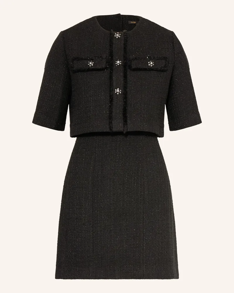 Maje Set: Tweed-Kleid und Tweed-Jacke mit Glitzergarn und Schmucksteinen Schwarz