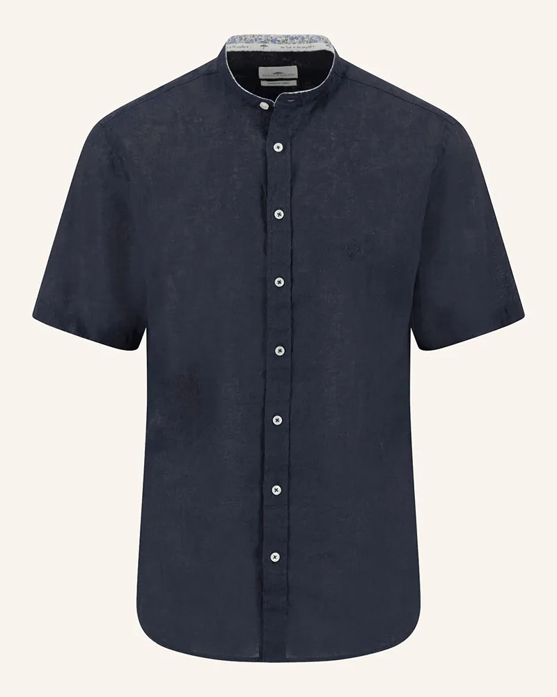 Fynch-Hatton Kurzarm-Hemd Casual Fit aus Leinen mit Stehkragen Dunkelblau
