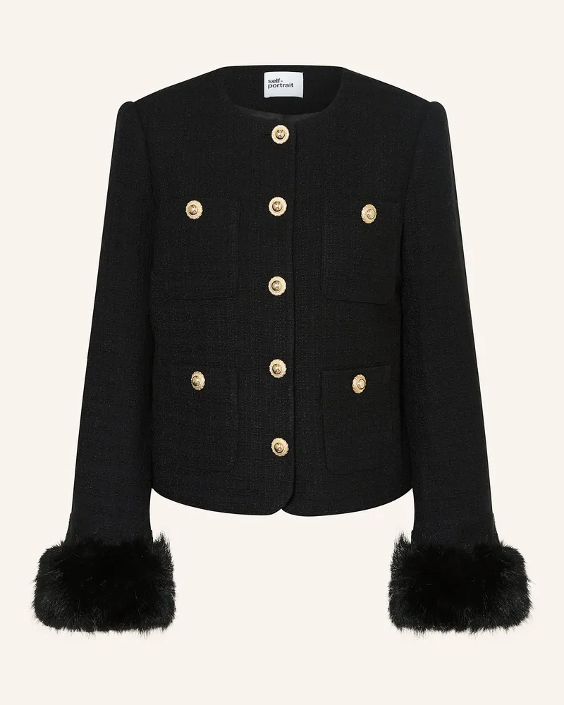 Self-Portrait Kastenjacke aus Bouclé mit abnehmbarem Kunstpelz Schwarz