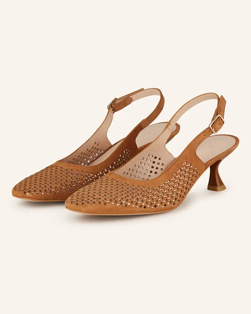 Zinda Slingpumps MARUCA mit Schmucksteinen Cognac