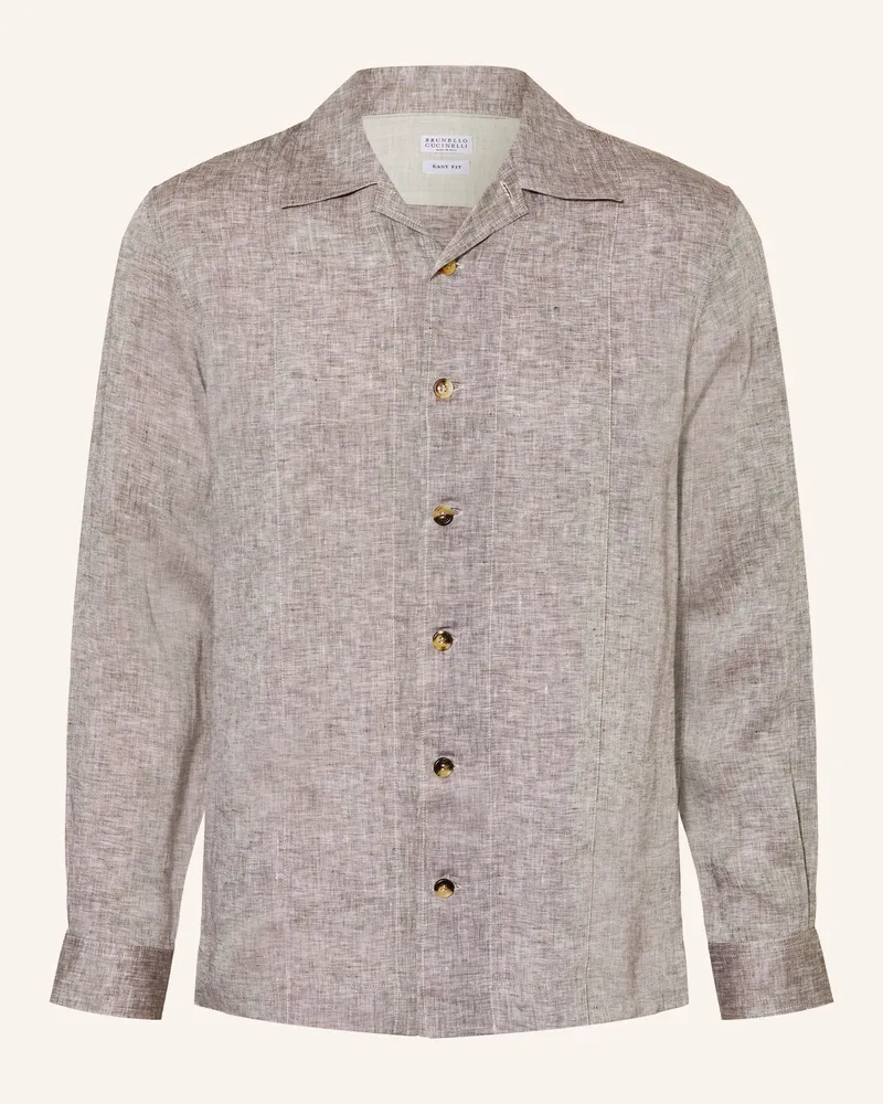 Brunello Cucinelli Leinenhemd Comfort Fit beige Dunkelbraun