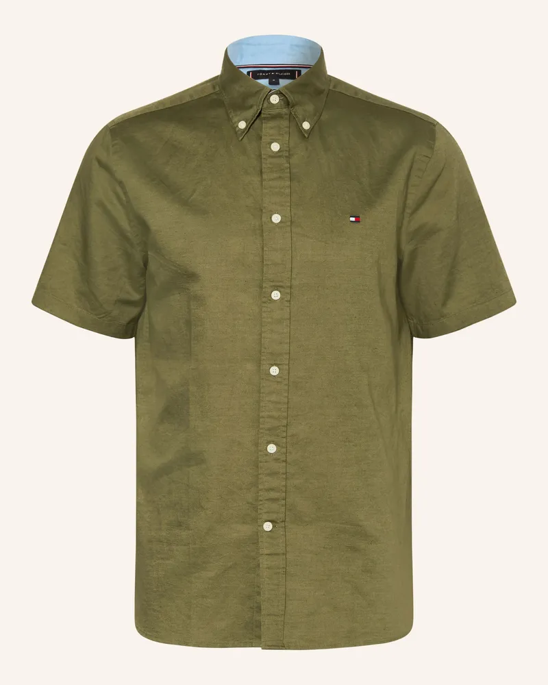 Tommy Hilfiger Kurzarm-Hemd Regular Fit Mit Leinen gruen Oliv