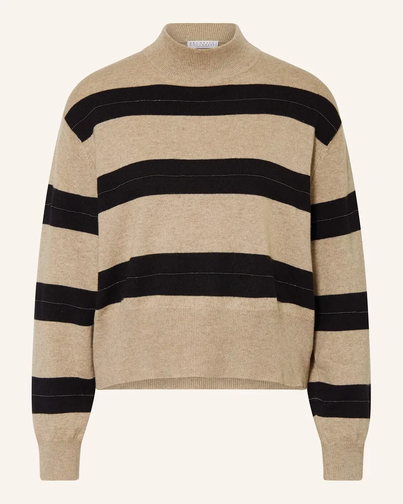 Brunello Cucinelli Pullover mit Cashmere und Schmuckperlen Braun