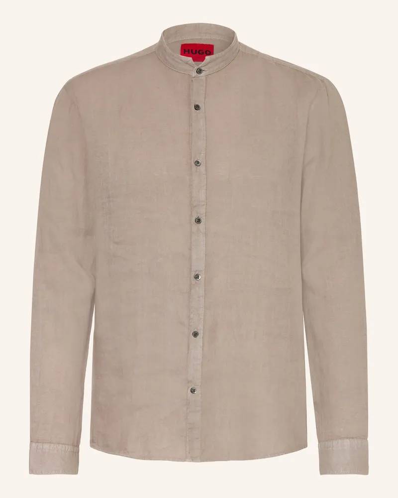 HUGO BOSS Leinenhemd Elvory Slim Fit Mit Stehkragen braun Taupe