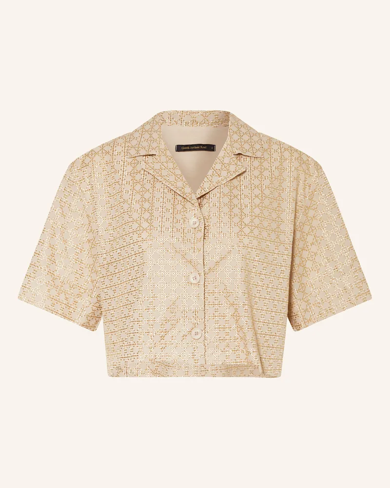 Greek Archaic Kori Cropped-Bluse CROSS mit Glitzergarn Beige