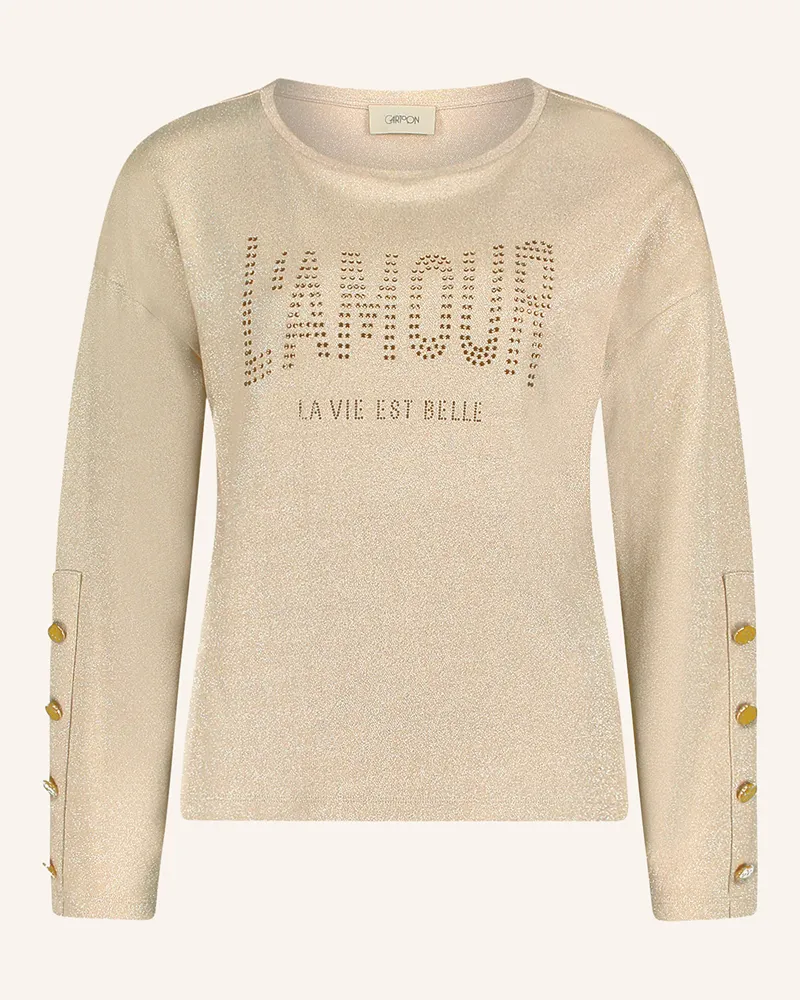 Cartoon Sweatshirt mit Schmucksteinen und Glitzergarn Camel