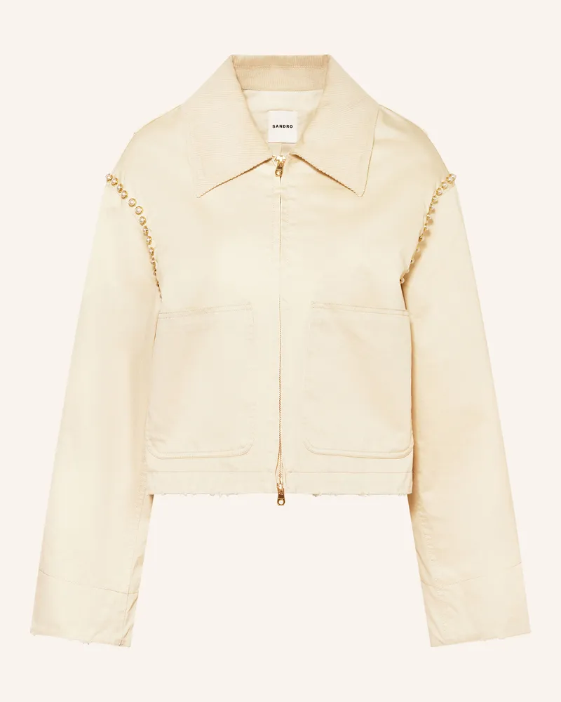 Sandro Kastenjacke im Materiamix mit Schmuckperlen Beige