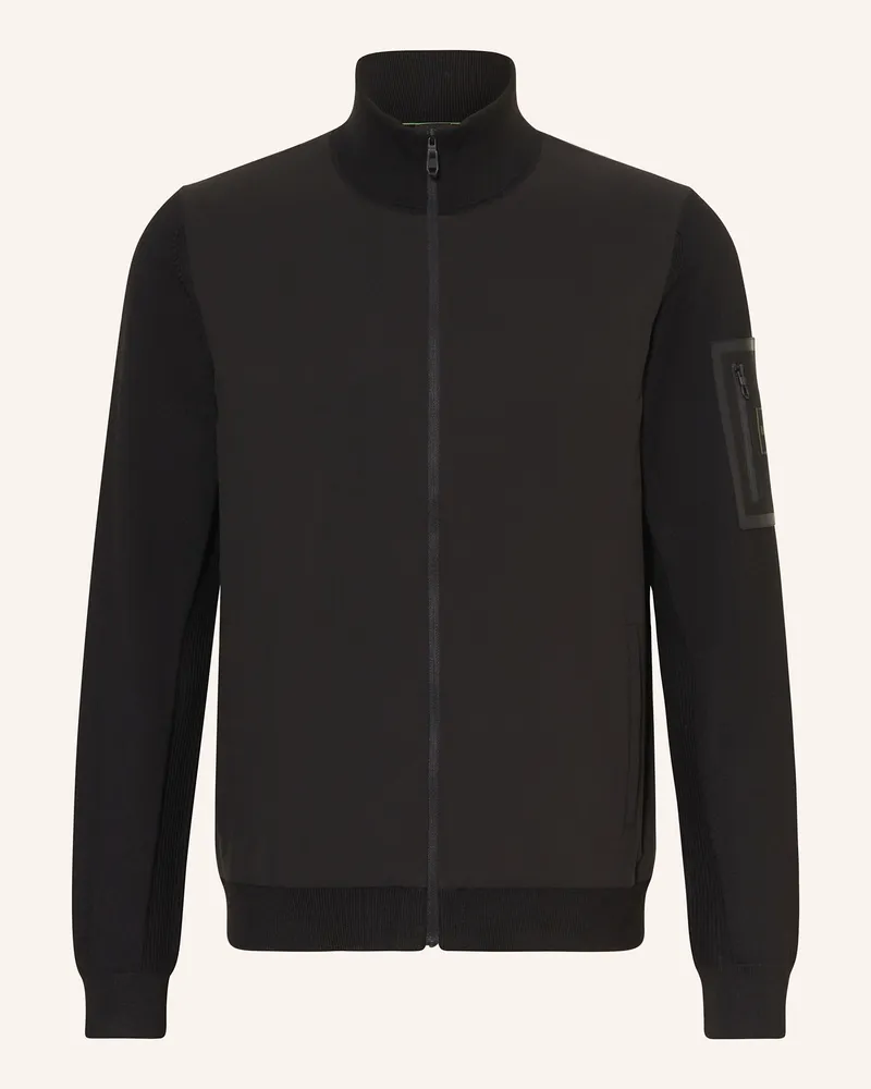 HUGO BOSS Strickjacke Momentum Im Materialmix Mit Merinowolle schwarz Schwarz