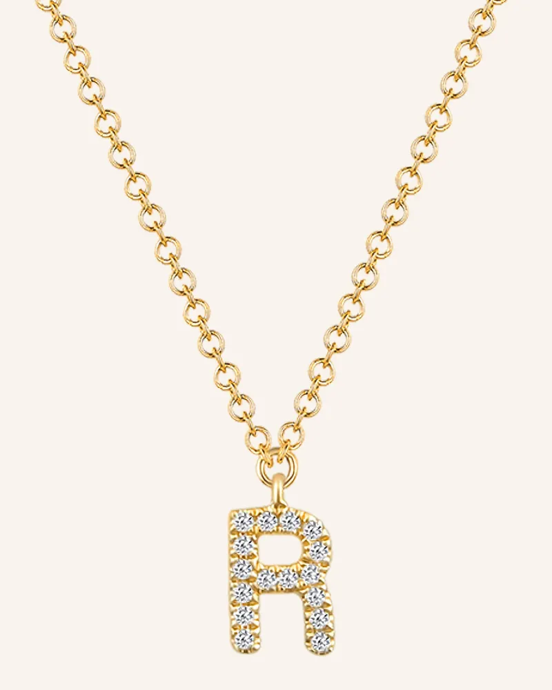 Leaf INITIALIEN Halskette „R“ aus 14 Karat Gelbgold mit Diamanten Gold