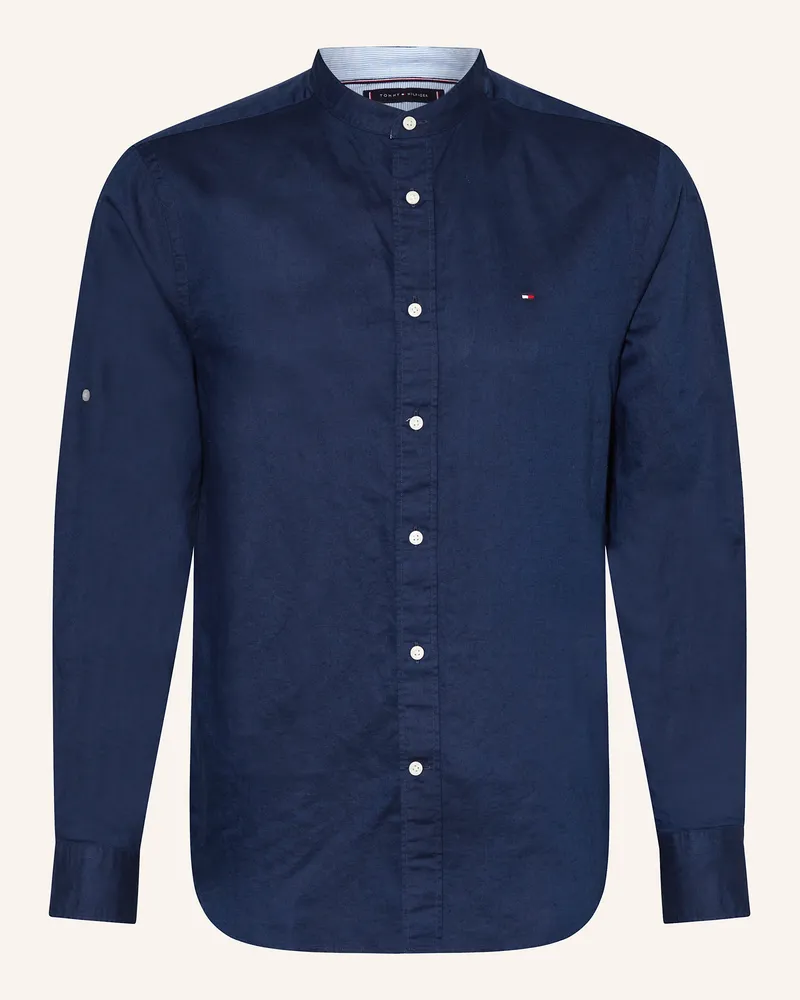 Tommy Hilfiger Hemd Regular Fit Mit Leinen Und Stehkragen blau Dunkelblau