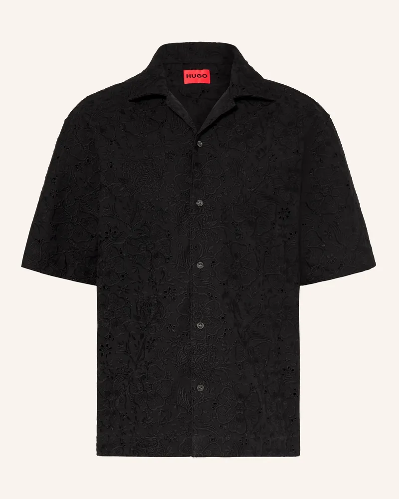HUGO BOSS Resorthemd ESPINO Comfort Fit aus Lochspitze Schwarz