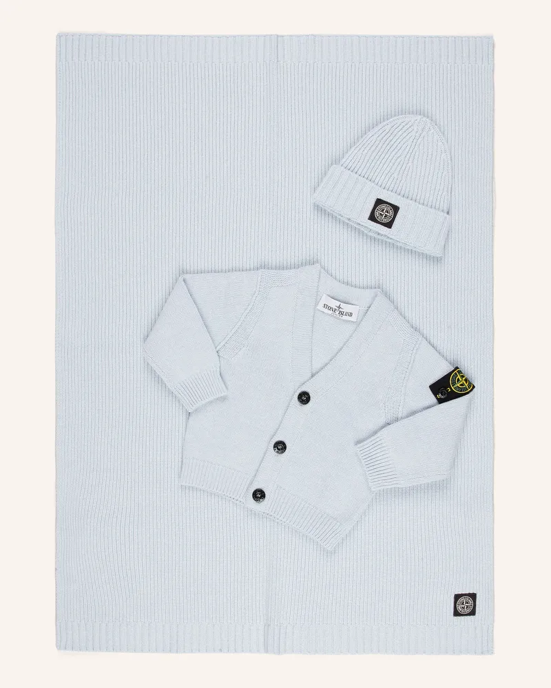 Stone Island Set: Strickjacke, Plaid und Mütze Hellblau