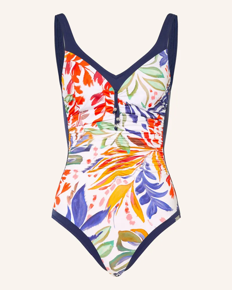 Charmline Badeanzug Painted Leaves Mit Schmuckperlen weiss Dunkelblau