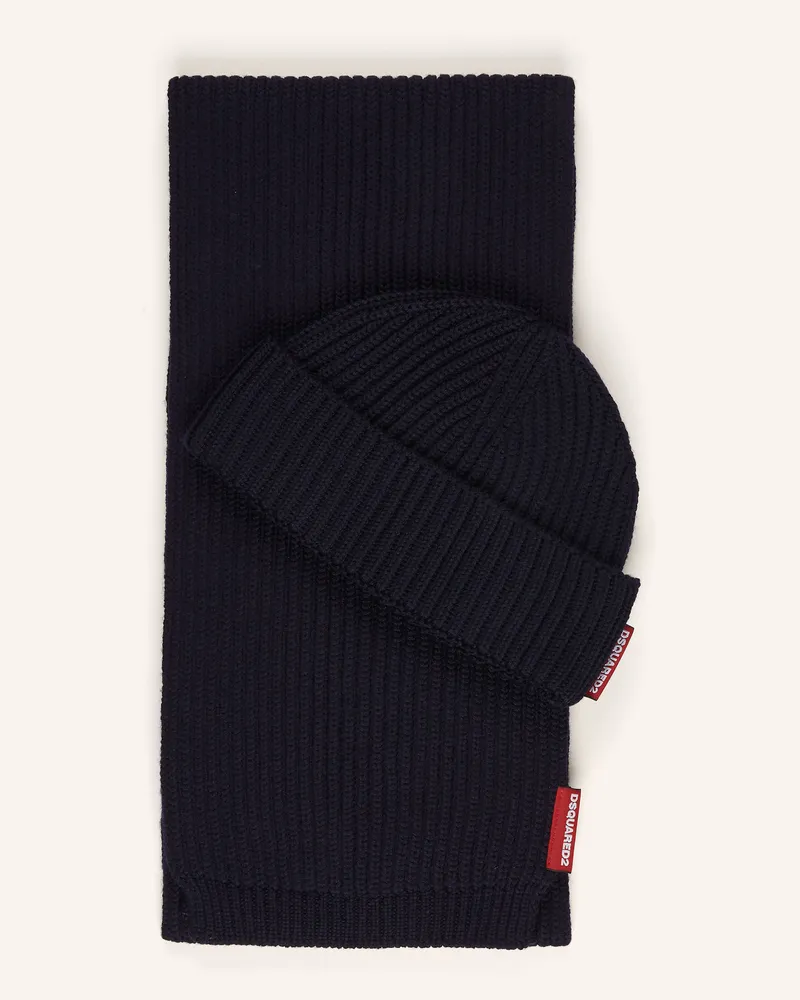 Dsquared2 Set: Schal Und Mütze Mit Geschenkbox blau Dunkelblau