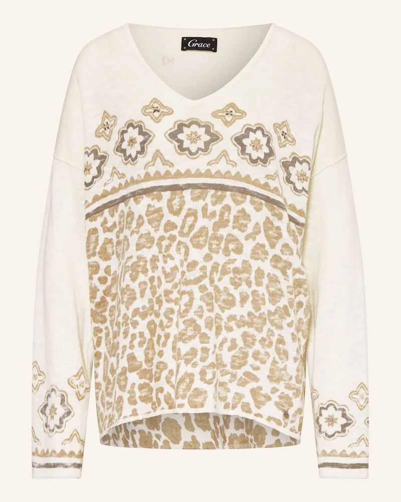 Grace Pullover mit Leinen und Pailletten Creme