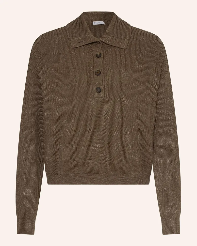 Brunello Cucinelli Pullover COLLO ALTO mit Glitzergarn Dunkelbraun
