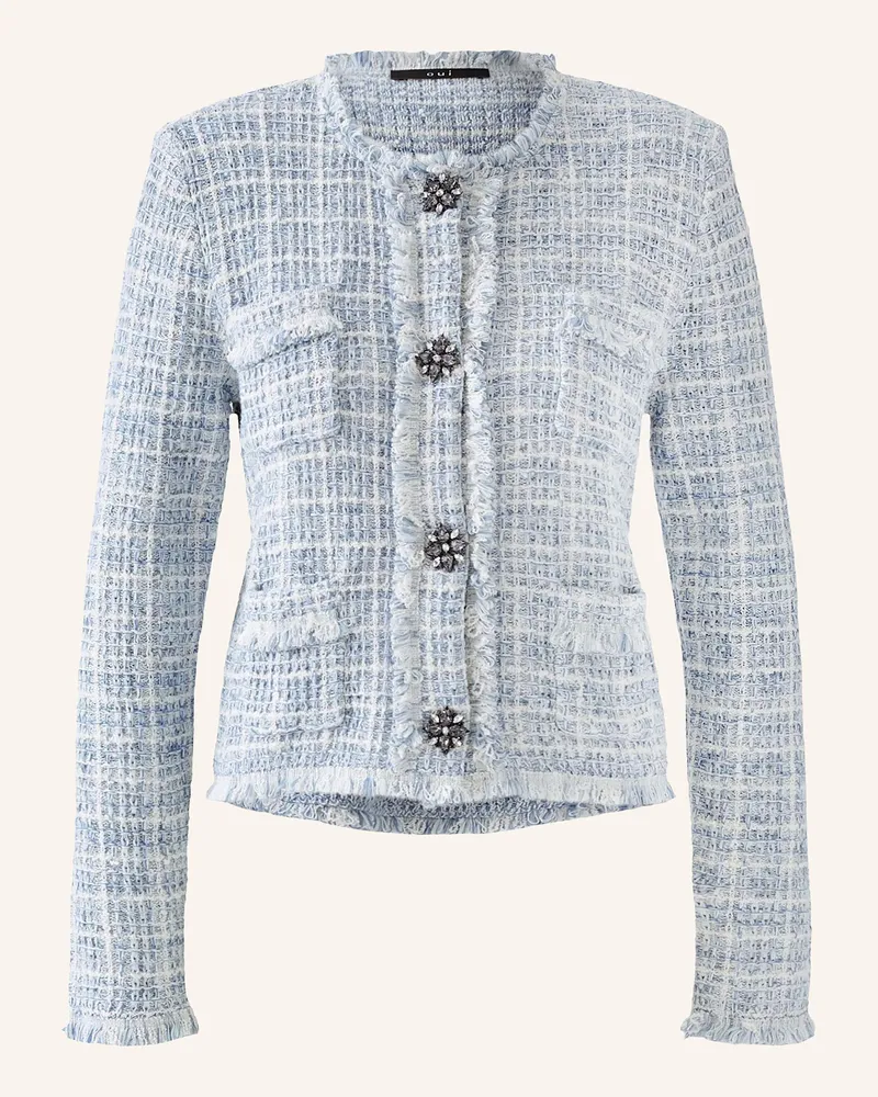 Oui  Tweed-Jacke mit Schmucksteinen Hellblau