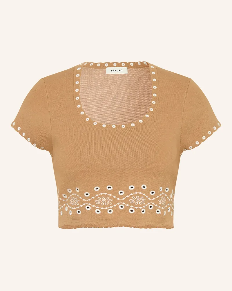 Sandro Cropped-Strickshirt mit Lochspitze Camel