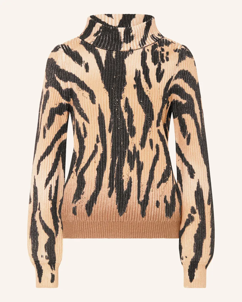 monari Pullover mit Glitzergarn und Schmucksteinen Cognac