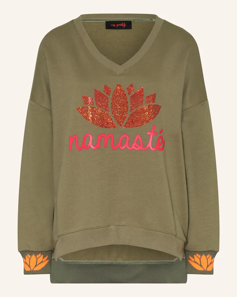 Miss Goodlife Sweatshirt mit Schmucksteinen Oliv