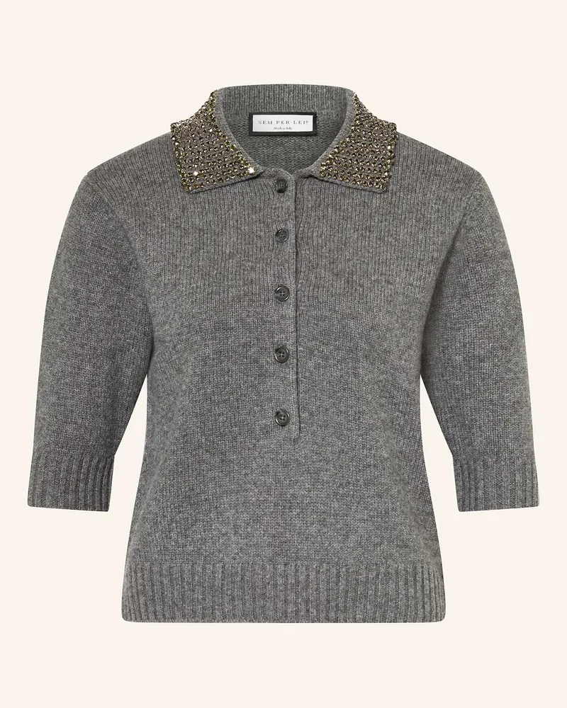 SEM PER LEI Strick-Poloshirt mit Cashmere und Schmucksteinen Grau
